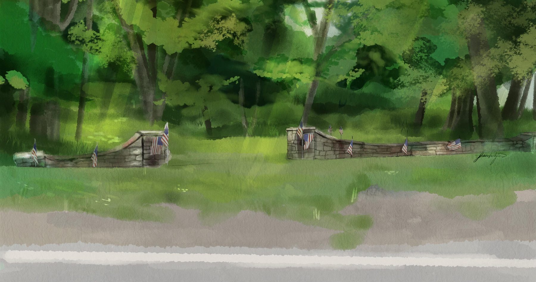 Painted rendering of the stone entrance wall with American flags, woods beyond.