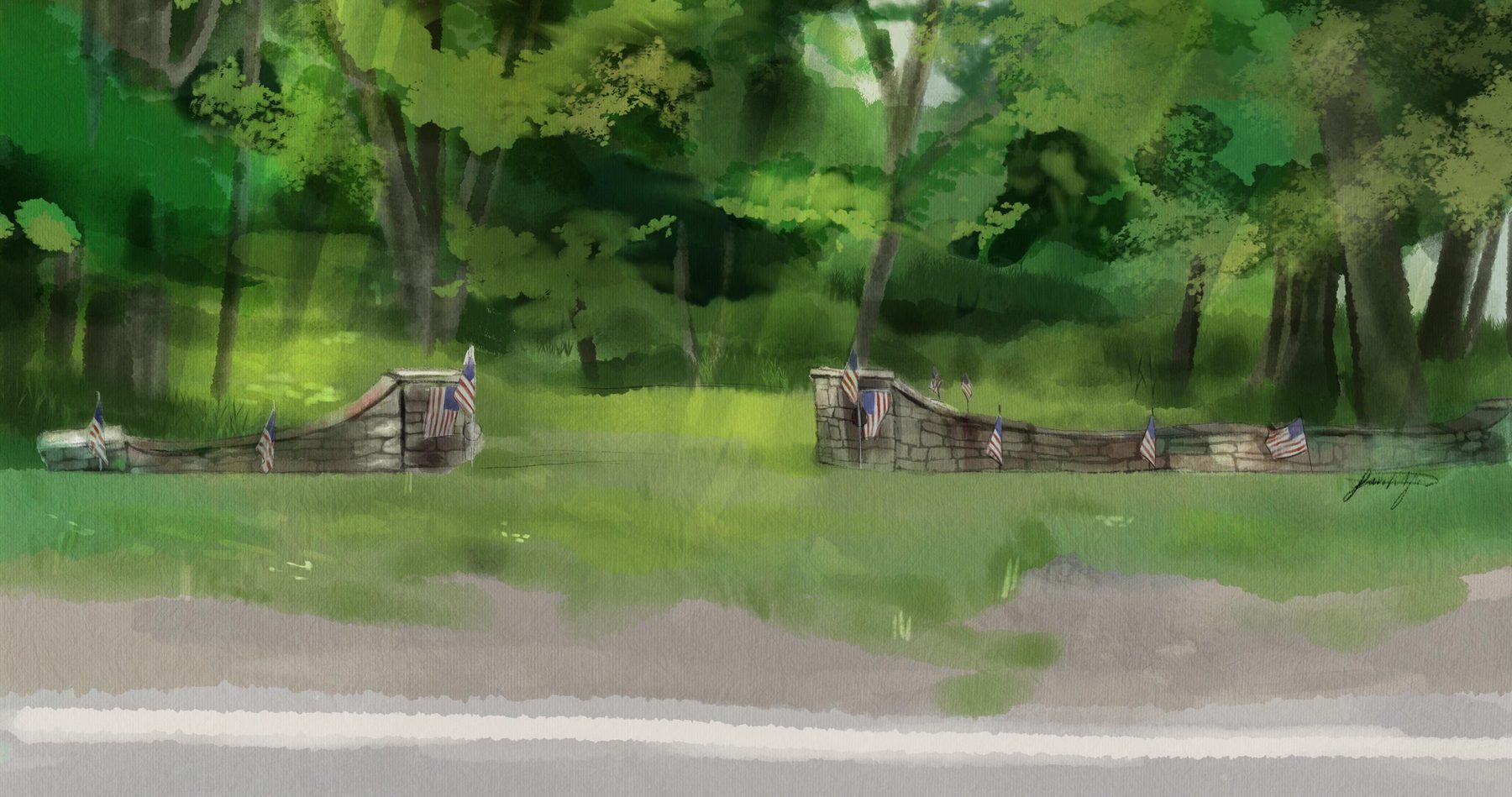 Painted rendering of the cemetery's stone entrance wall, flanked by American flags and framed by tall summer trees.