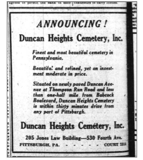 Scanned 1931 newspaper advertisement announcing Duncan Heights Cemetery, Inc.