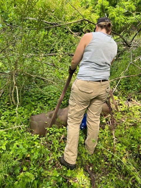 A volunteer using a hand tool to dig in the woods.